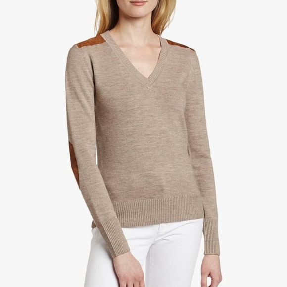 MINNIE ROSE Sweater Women S Gray Merino V-neck Long Sleeve Leather Elbow Patch - Picture 11 of 12